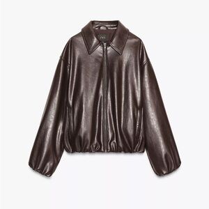Zara Leather Bomber Jacket in Deep Brown
